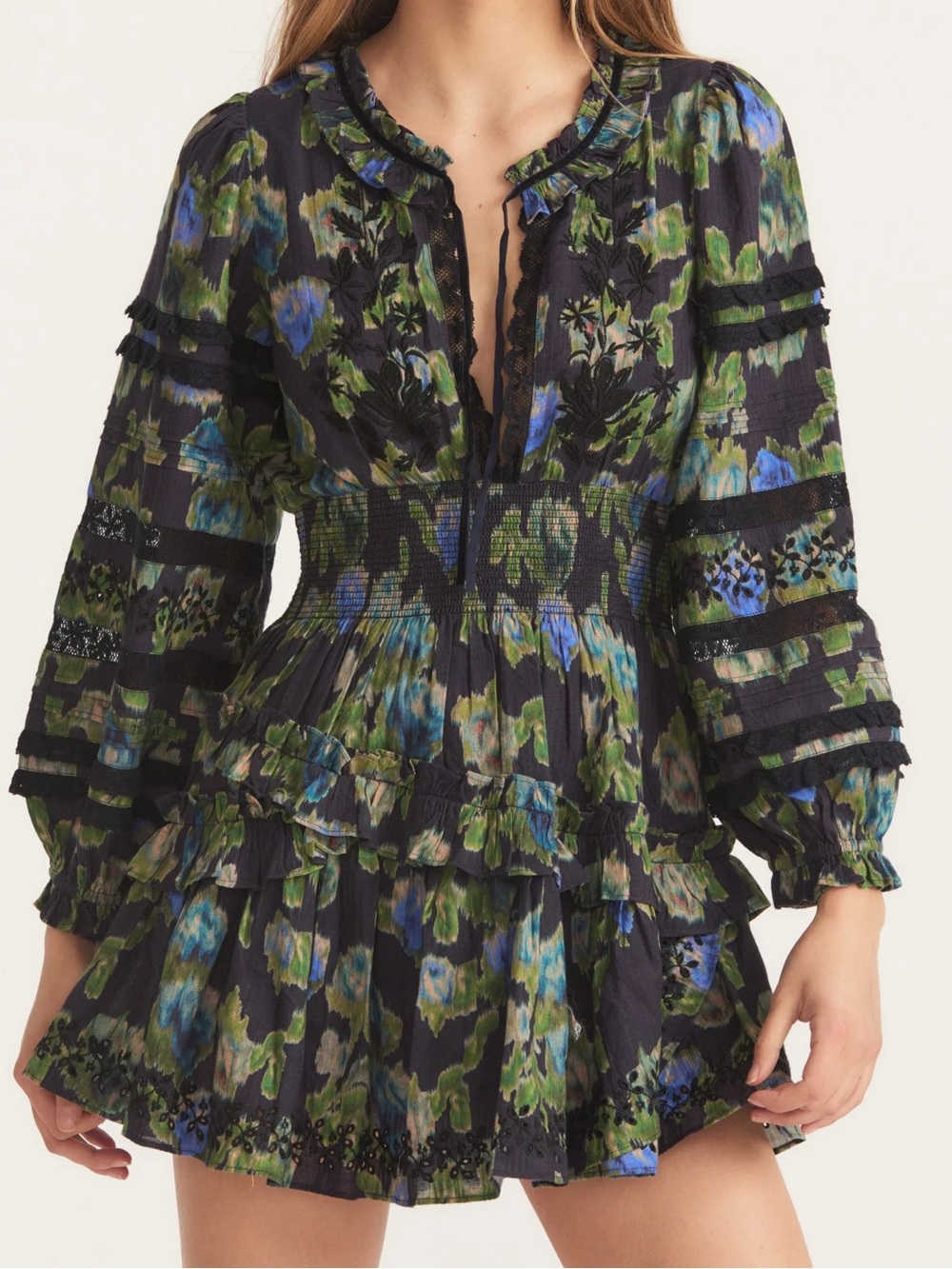 NWT LoveShackFancy Clarkie Long Sleeve Mini Dress in Deep Blue Trace - S